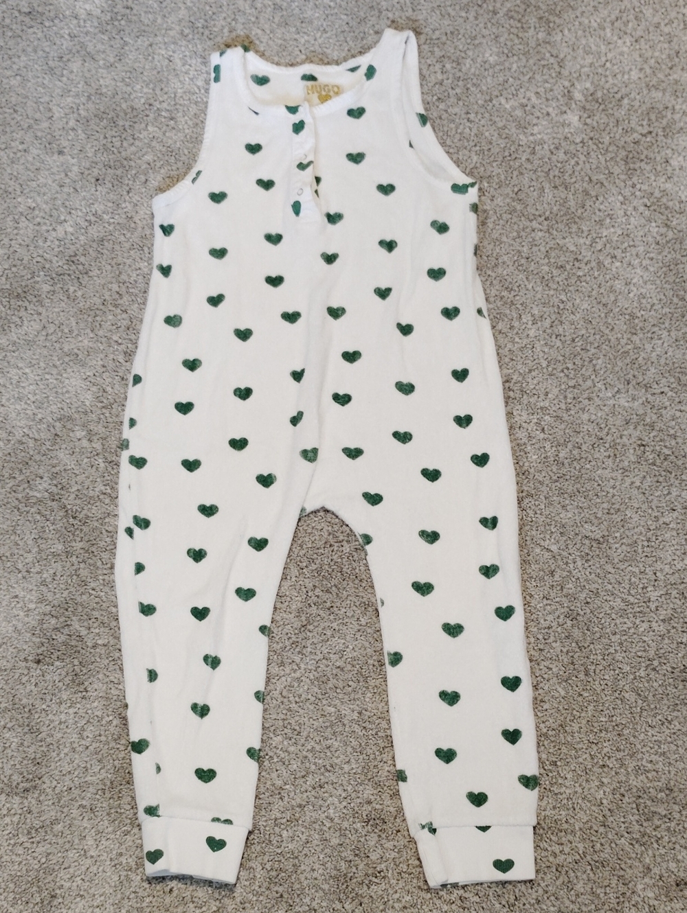 Hugo Loves Tiki White Sleeveless Terry Romper with Green Heart Print